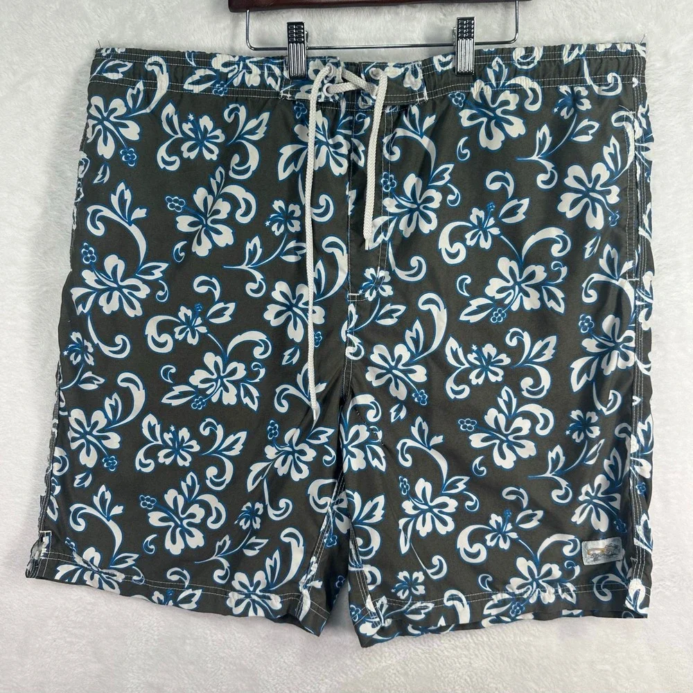 OP Ocean Pacific Board Surf Swim Trunks Mens L Gray Blue Floral Hibiscus